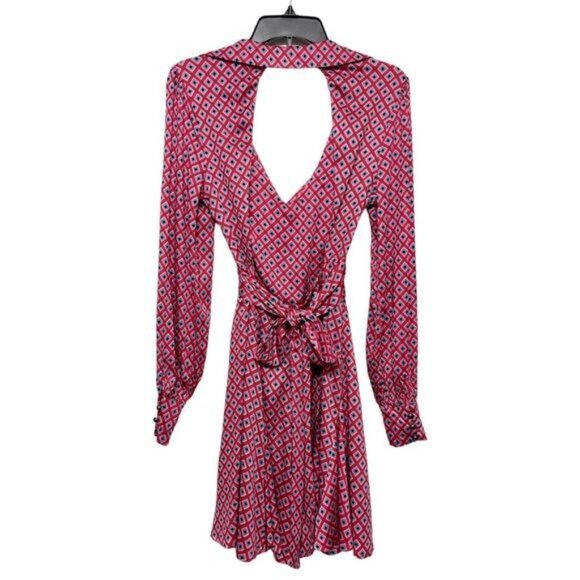 New Free People Long-Sleeve Wrap Dress Open Back & Tie Detail in Red Geometric S - Picture 8 of 11